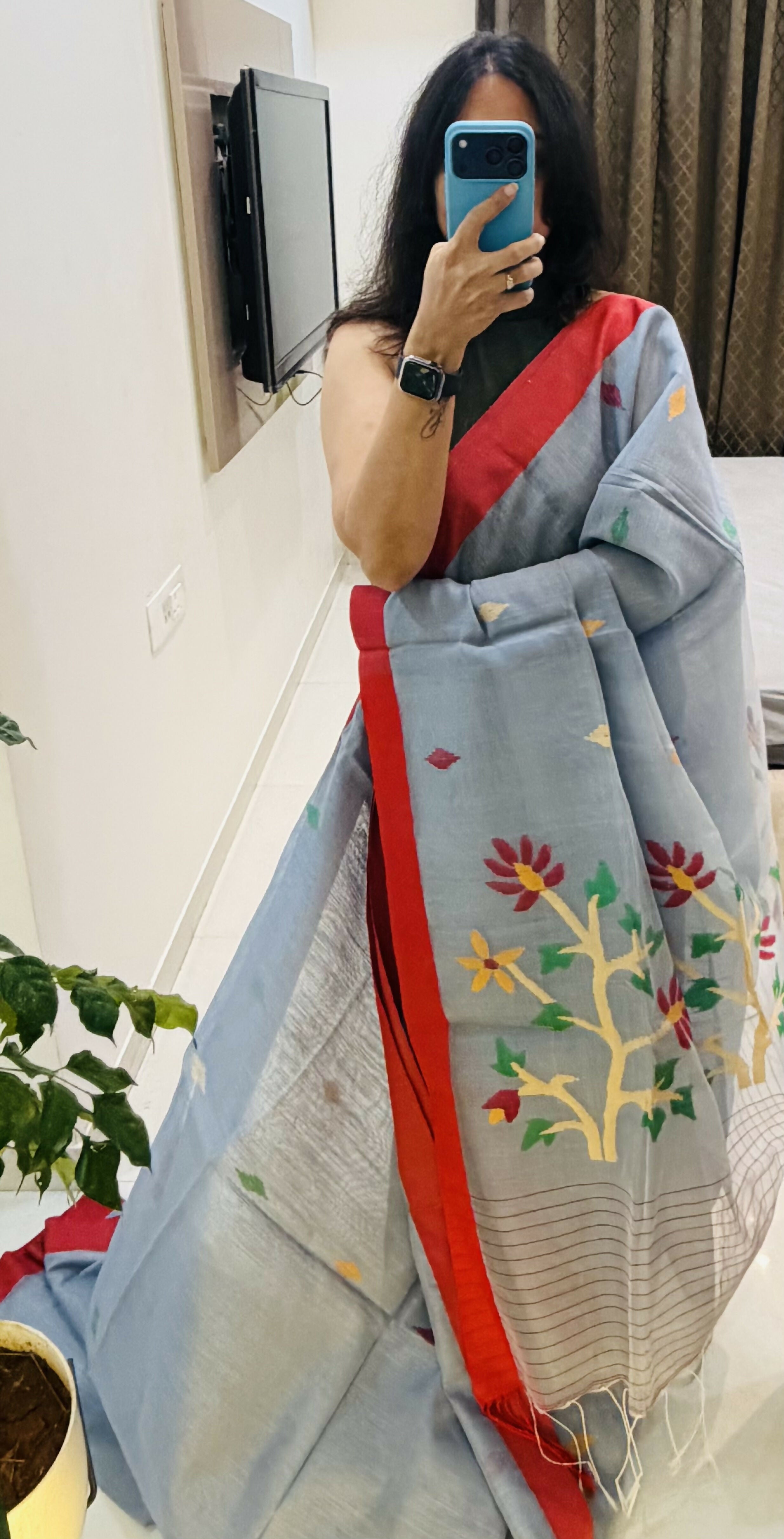 Handloom Muslin Silk Jamdani -Grey With Red Border and woven Floral Butta