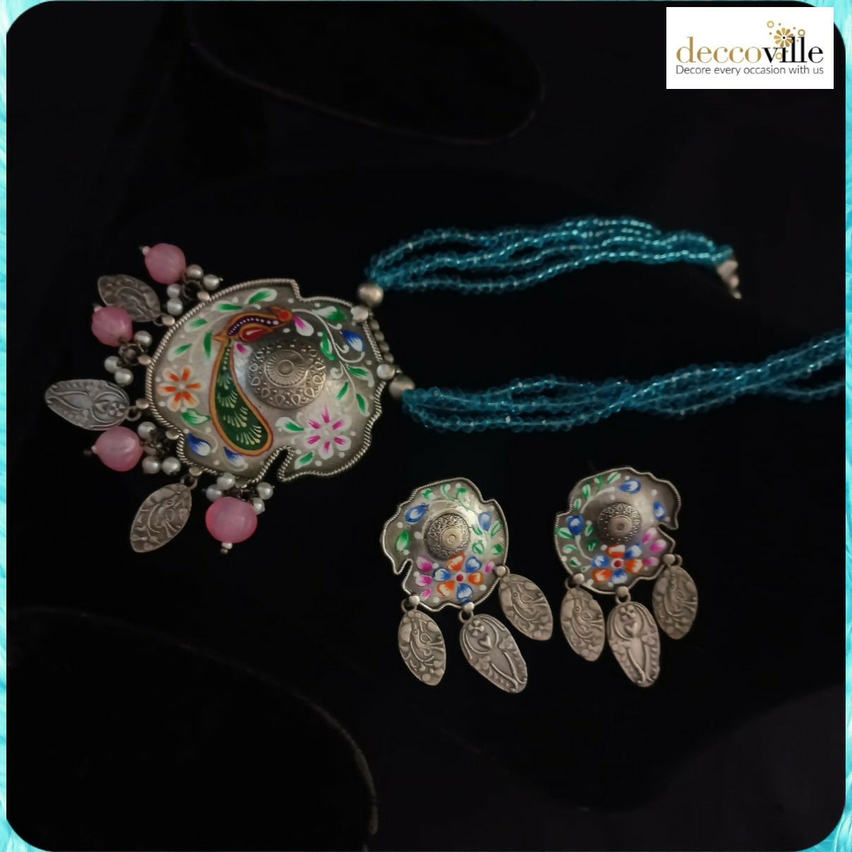 Peacock Art Beaded Necklace Set