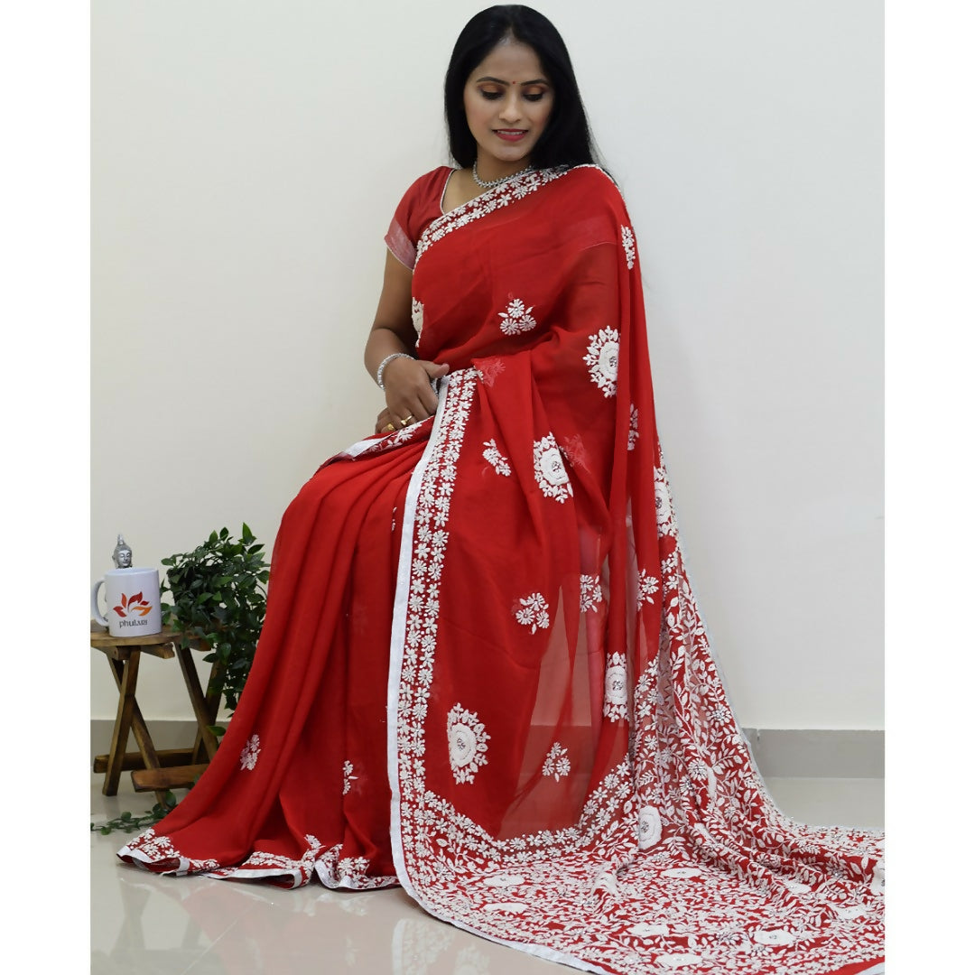 Georgette Hand-embroidered Phulkari Fusion Saree