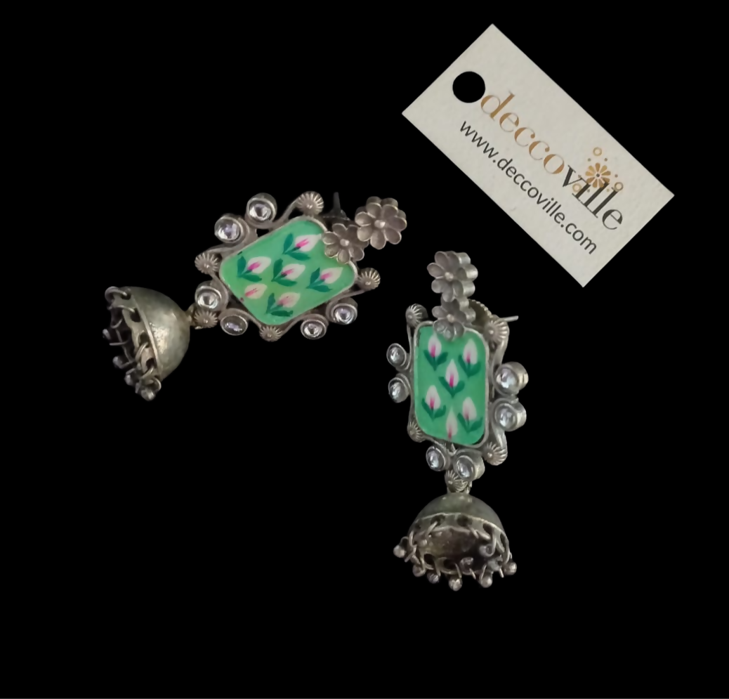 Floral Green Oxidized Jhumka Earrings