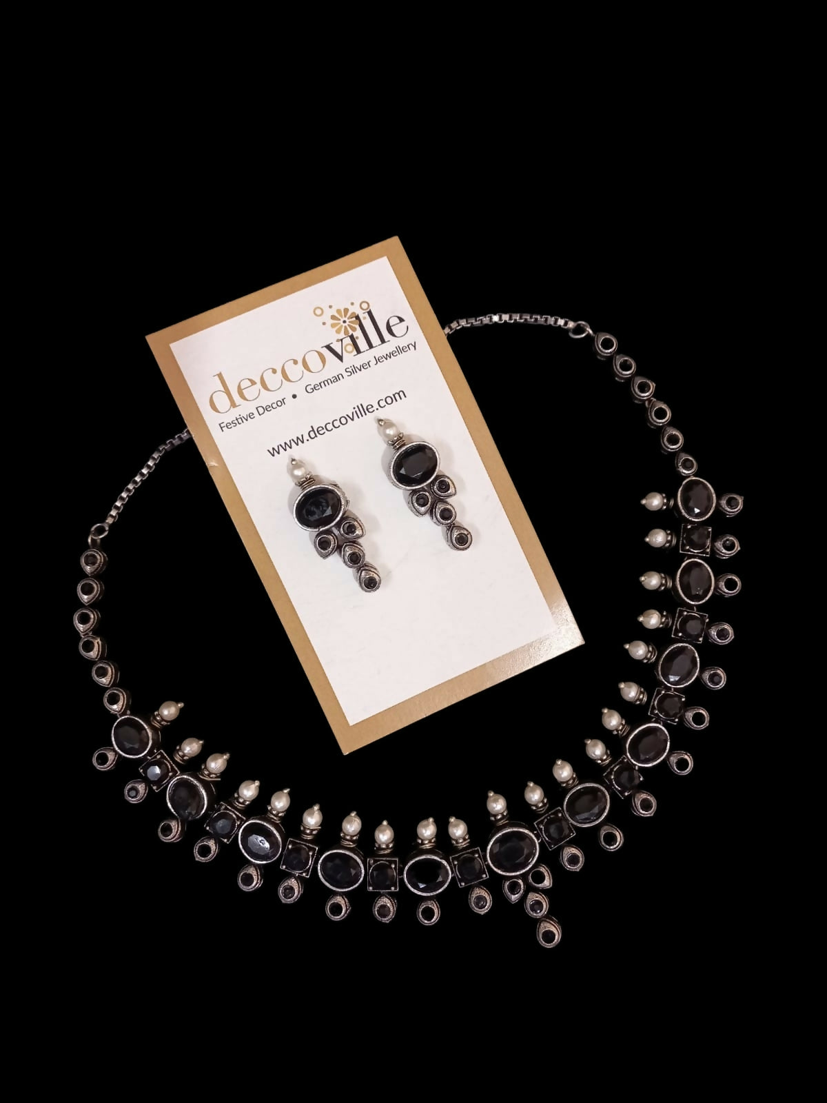 German Silver Black Stone Necklace Set