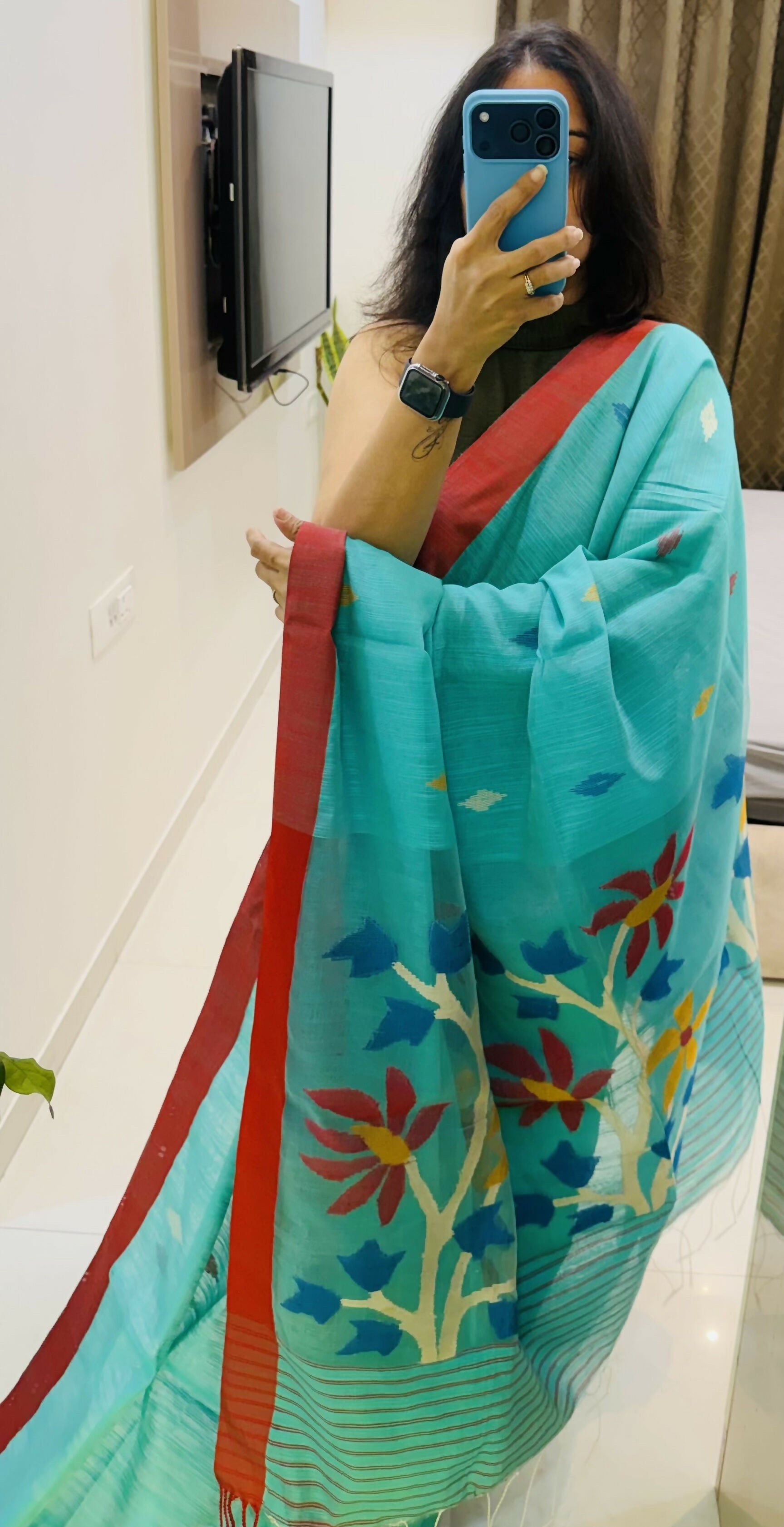 Hand Woven and Handloom Pure Muslin Motka Silk Jamdani - Blue