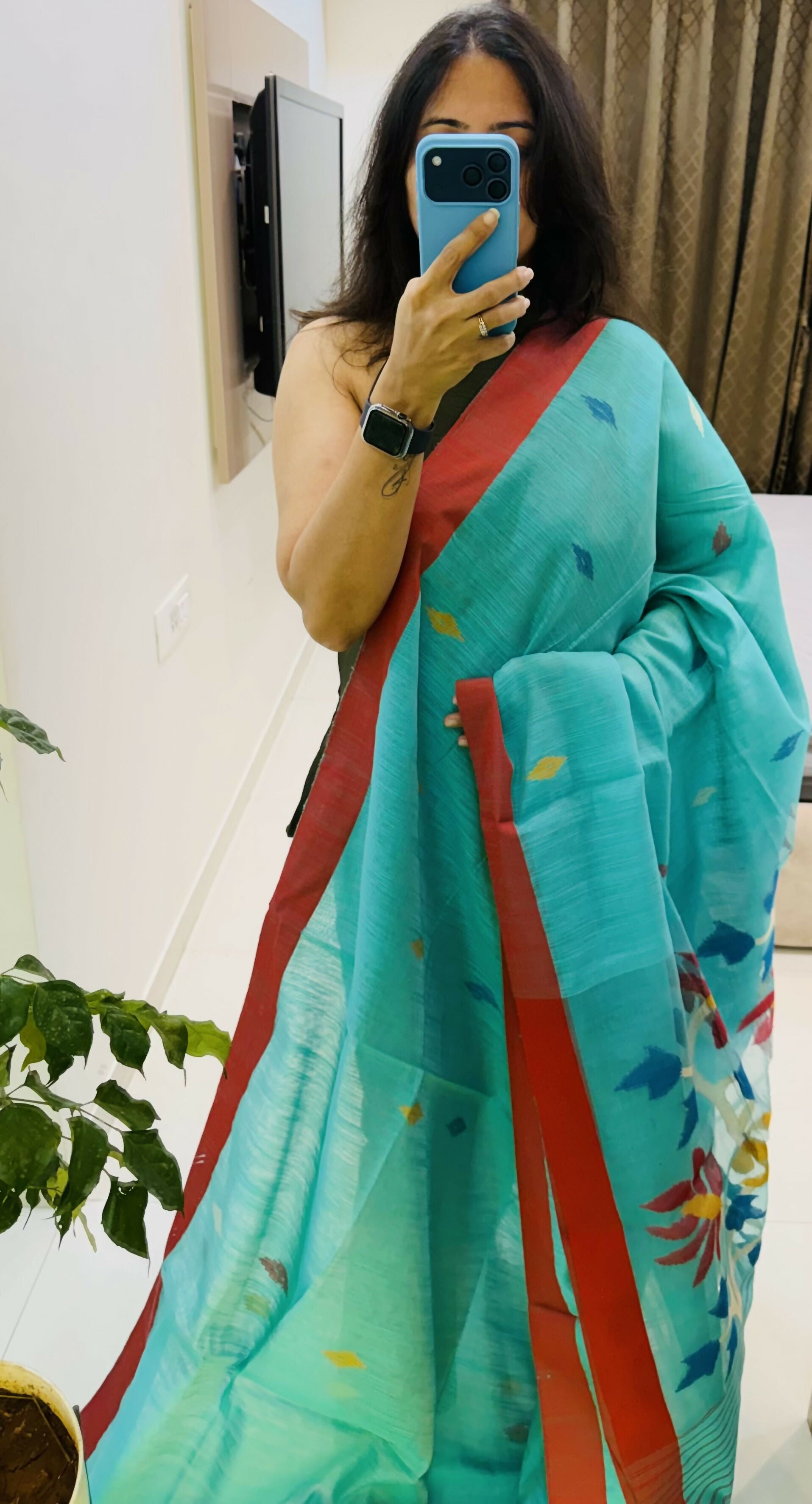 Hand Woven and Handloom Pure Muslin Motka Silk Jamdani - Blue