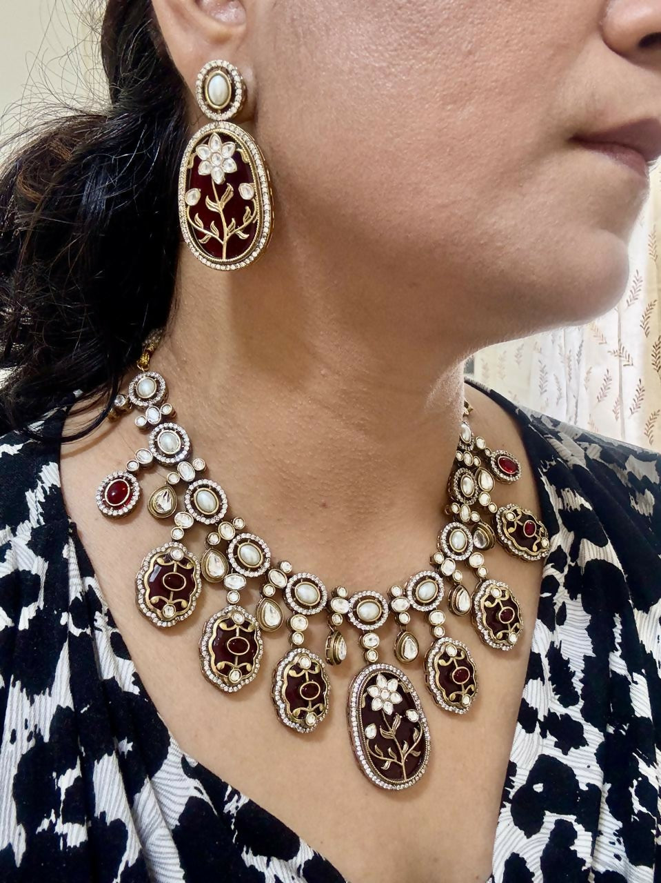 Ruby Red Polki and Pearl wedding Necklace