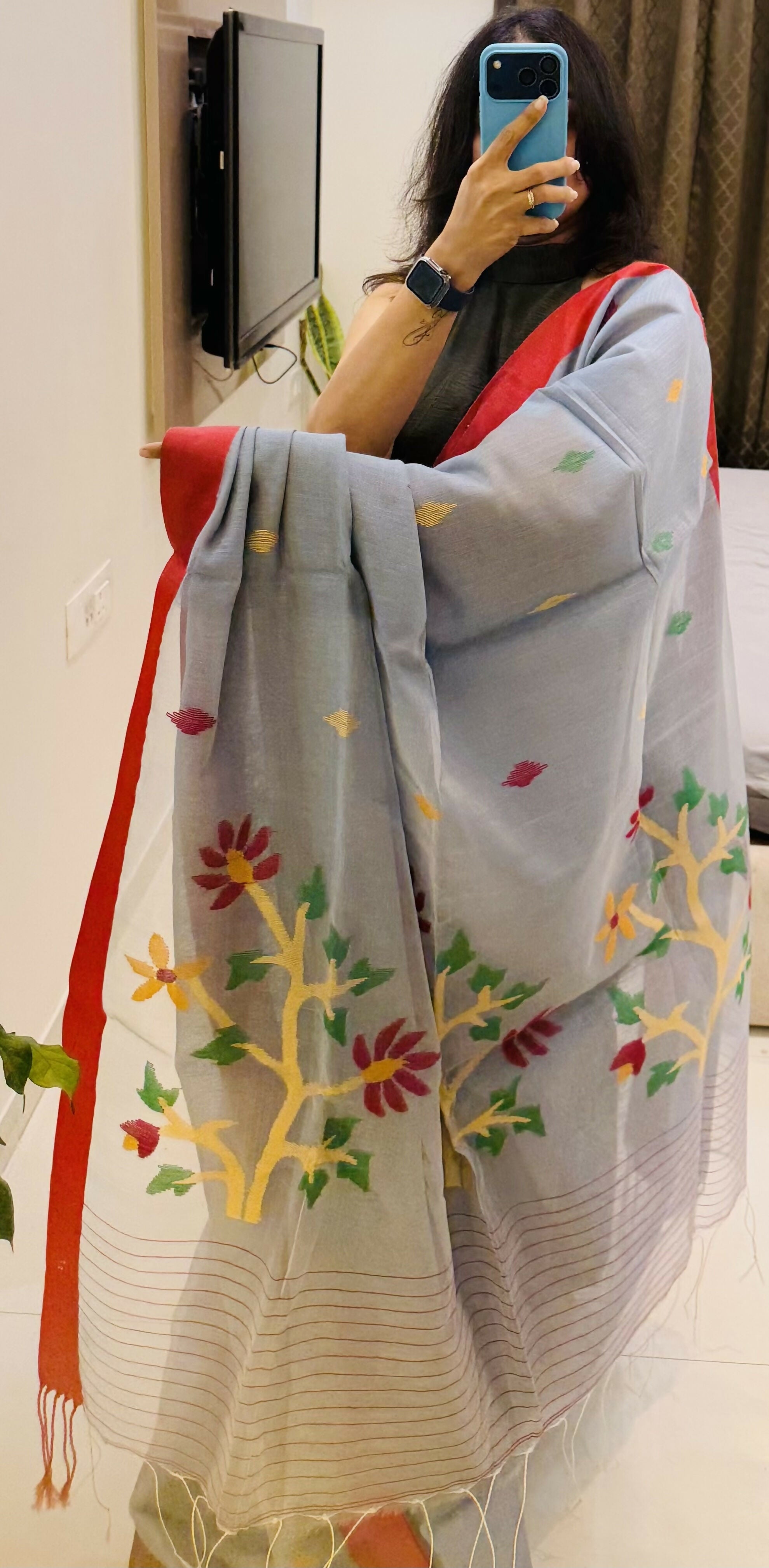 Handloom Muslin Silk Jamdani -Grey With Red Border and woven Floral Butta