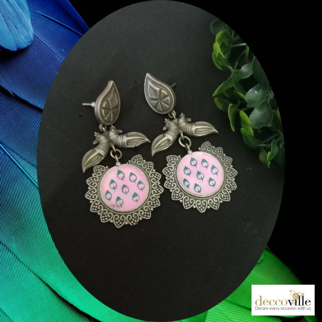 Enamel Peacock Round Earrings