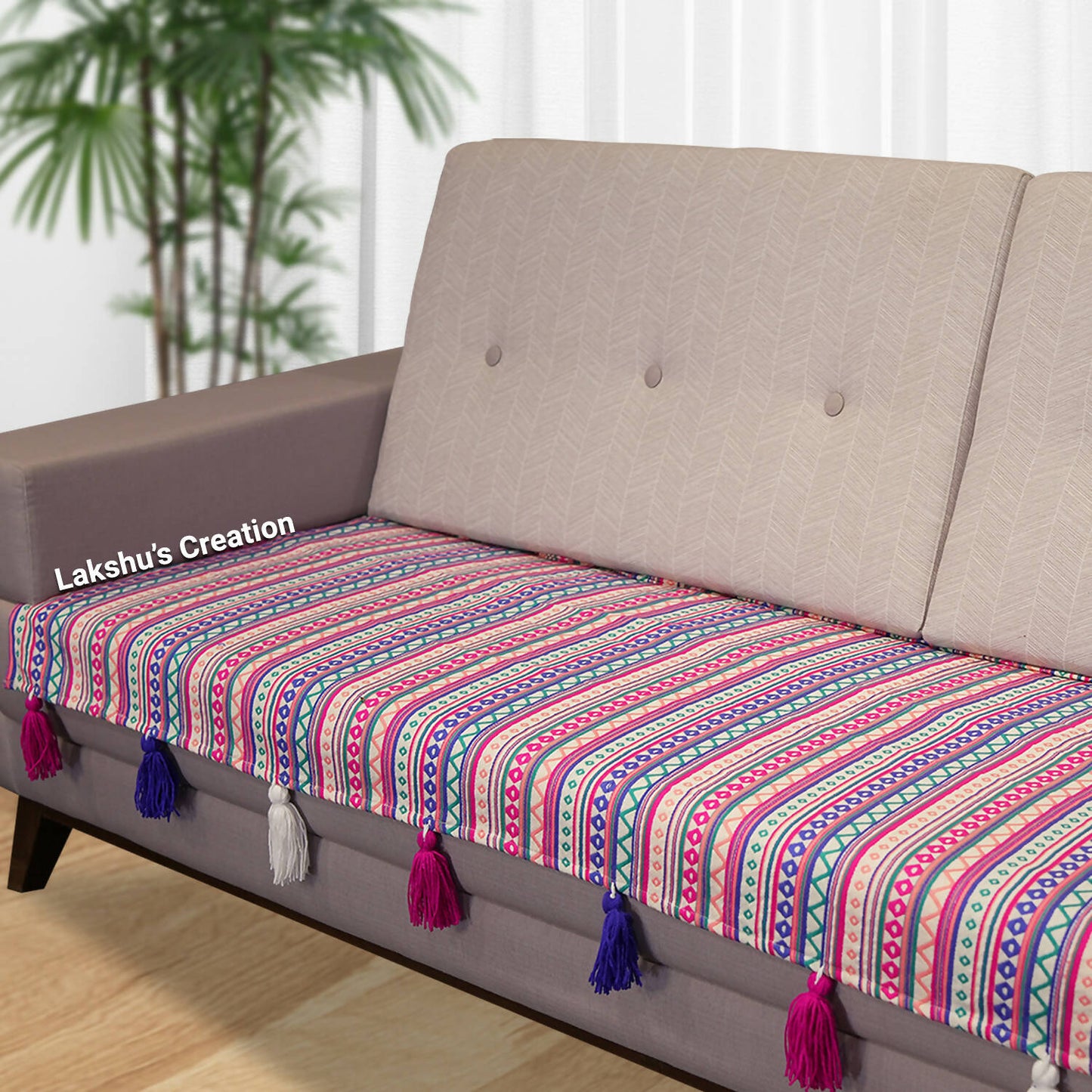 Jacquard Cotton Handloom Sofa Cover | Sofa Throw | Sofa Runner - White and Pink